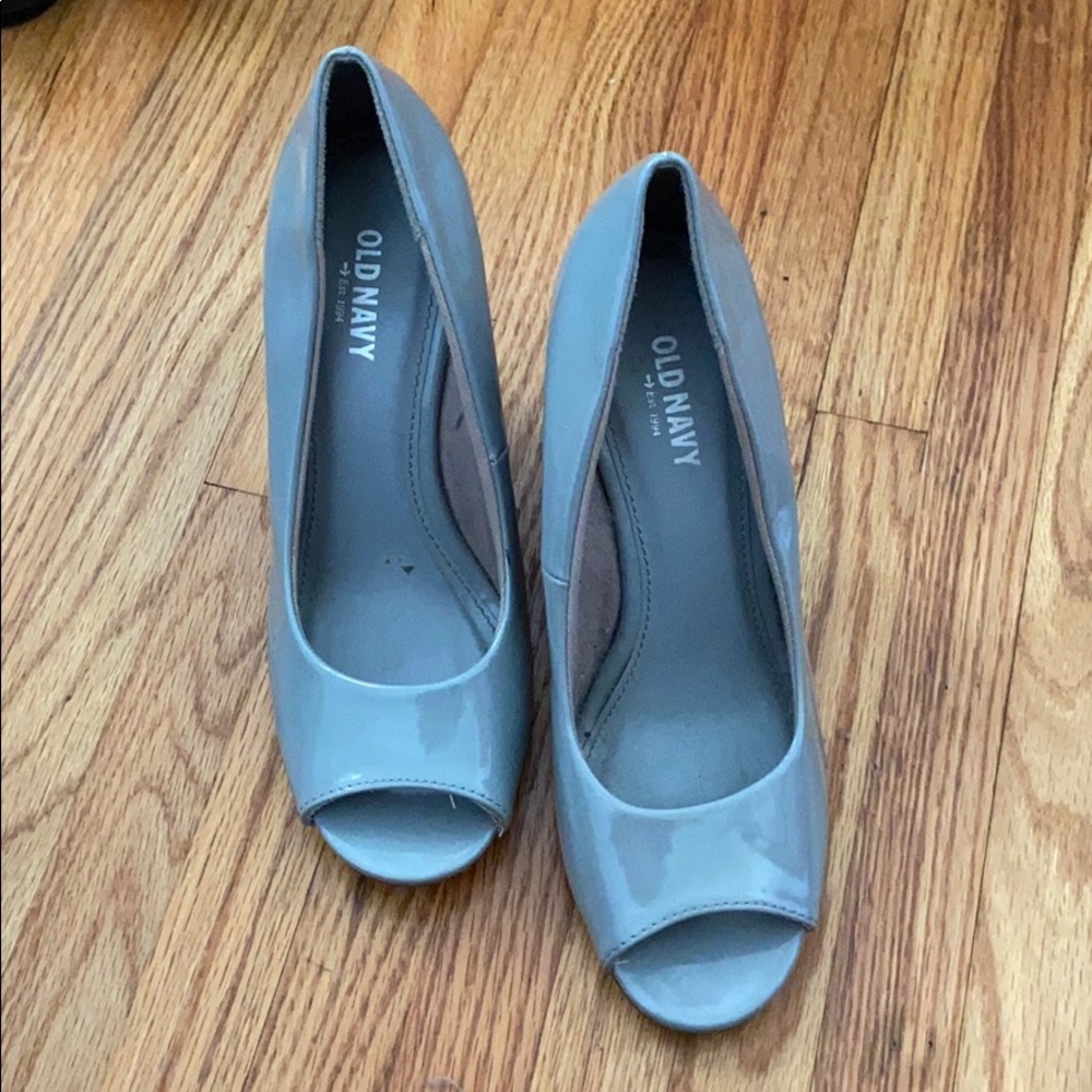 Gray paten leather heels